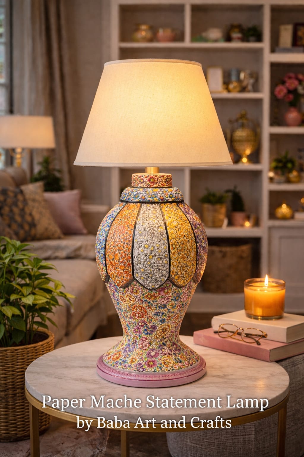 Hand Painted Paper Mache Table Lamp with kashmiri floral art, handmade paper mache table lamp
